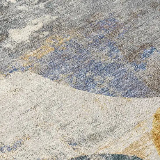 8' Gray Gold And Ivory Round Geometric Washable Indoor Outdoor Area Rug Photo 9