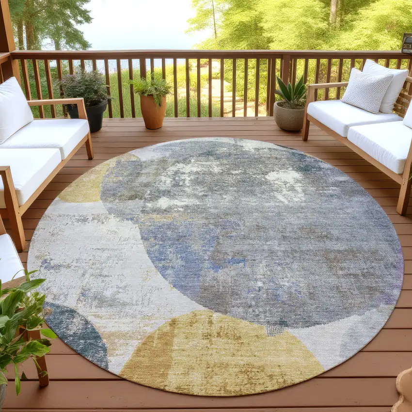 8' Gray Gold And Ivory Round Geometric Washable Indoor Outdoor Area Rug Photo 4