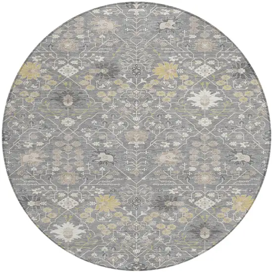 8' Gray Gold And Ivory Round Oriental Washable Indoor Outdoor Area Rug Photo 2