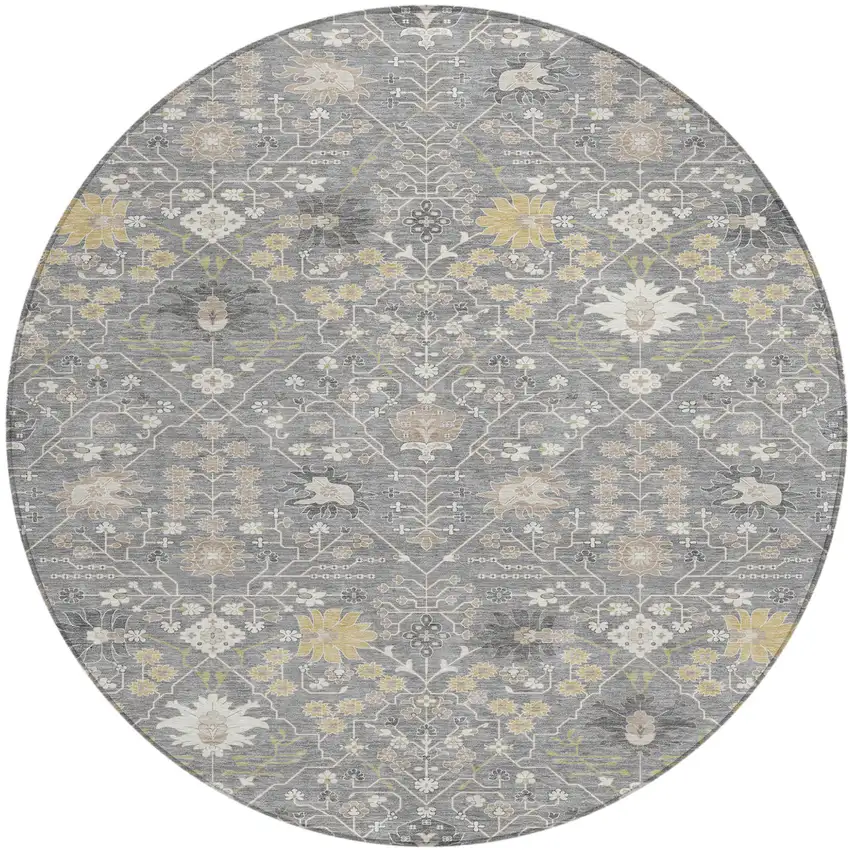 8' Gray Gold And Ivory Round Oriental Washable Indoor Outdoor Area Rug Photo 2