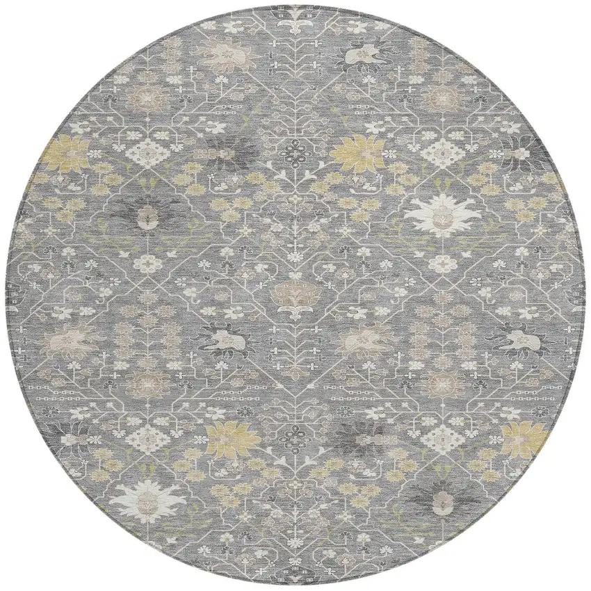 8' Gray Gold And Ivory Round Oriental Washable Indoor Outdoor Area Rug Photo 6