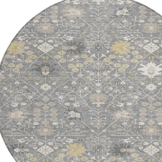 8' Gray Gold And Ivory Round Oriental Washable Indoor Outdoor Area Rug Photo 5
