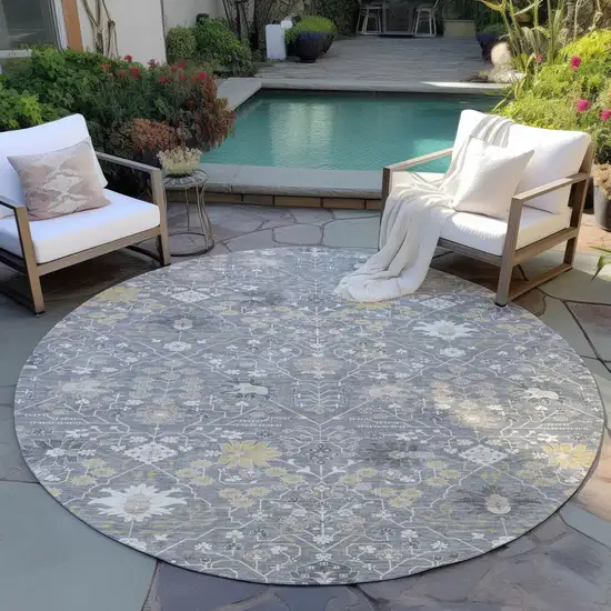 8' Gray Gold And Ivory Round Oriental Washable Indoor Outdoor Area Rug Photo 7