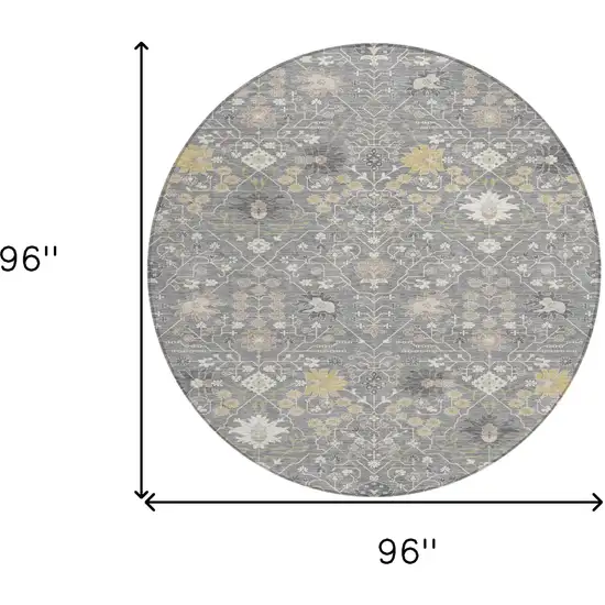 8' Gray Gold And Ivory Round Oriental Washable Indoor Outdoor Area Rug Photo 3