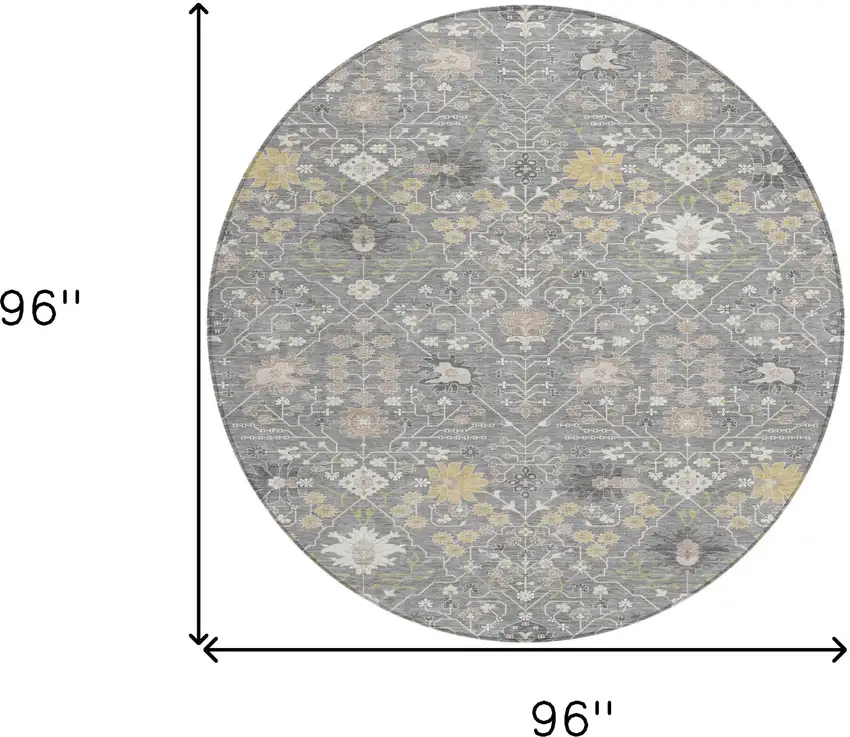 8' Gray Gold And Ivory Round Oriental Washable Indoor Outdoor Area Rug Photo 3