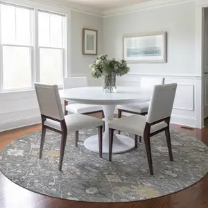 Photo of 8' Gray Gold And Ivory Round Oriental Washable Indoor Outdoor Area Rug