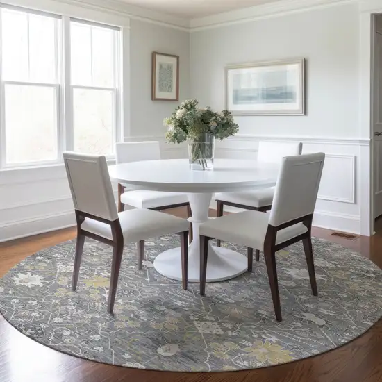 8' Gray Gold And Ivory Round Oriental Washable Indoor Outdoor Area Rug Photo 8
