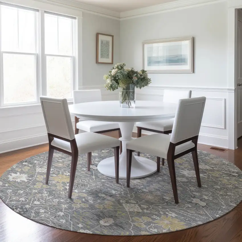 8' Gray Gold And Ivory Round Oriental Washable Indoor Outdoor Area Rug Photo 8