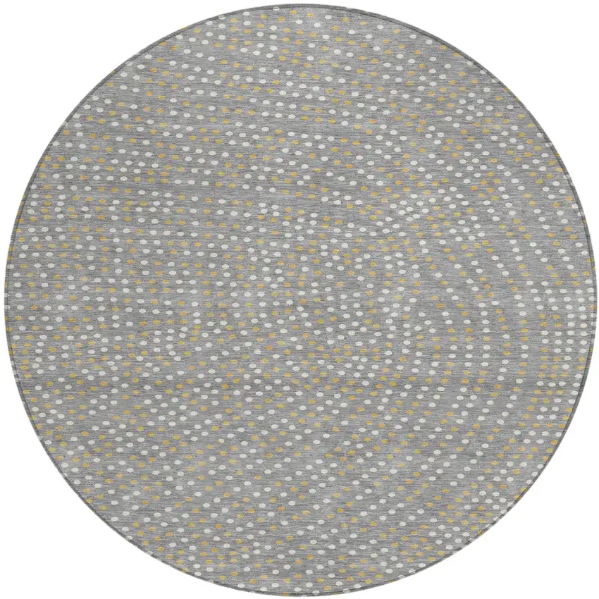 8' Gray Gold And Ivory Round Polka Dot Washable Indoor Outdoor Area Rug Photo 2