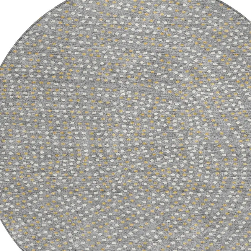 8' Gray Gold And Ivory Round Polka Dot Washable Indoor Outdoor Area Rug Photo 5