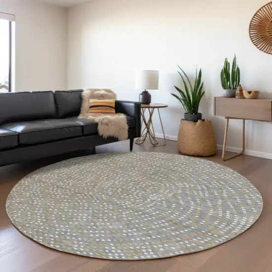 8' Gray Gold And Ivory Round Polka Dot Washable Indoor Outdoor Area Rug Photo 8
