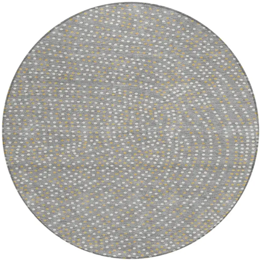 8' Gray Gold And Ivory Round Polka Dot Washable Indoor Outdoor Area Rug Photo 6