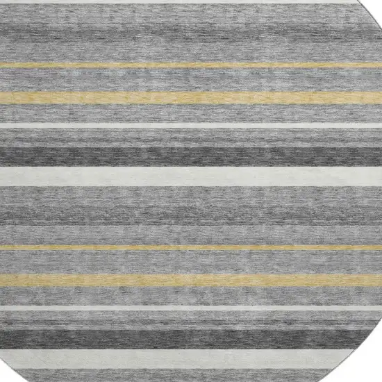 8' Gray Gold And Ivory Striped Washable Round Rug With UV Protection Photo 3