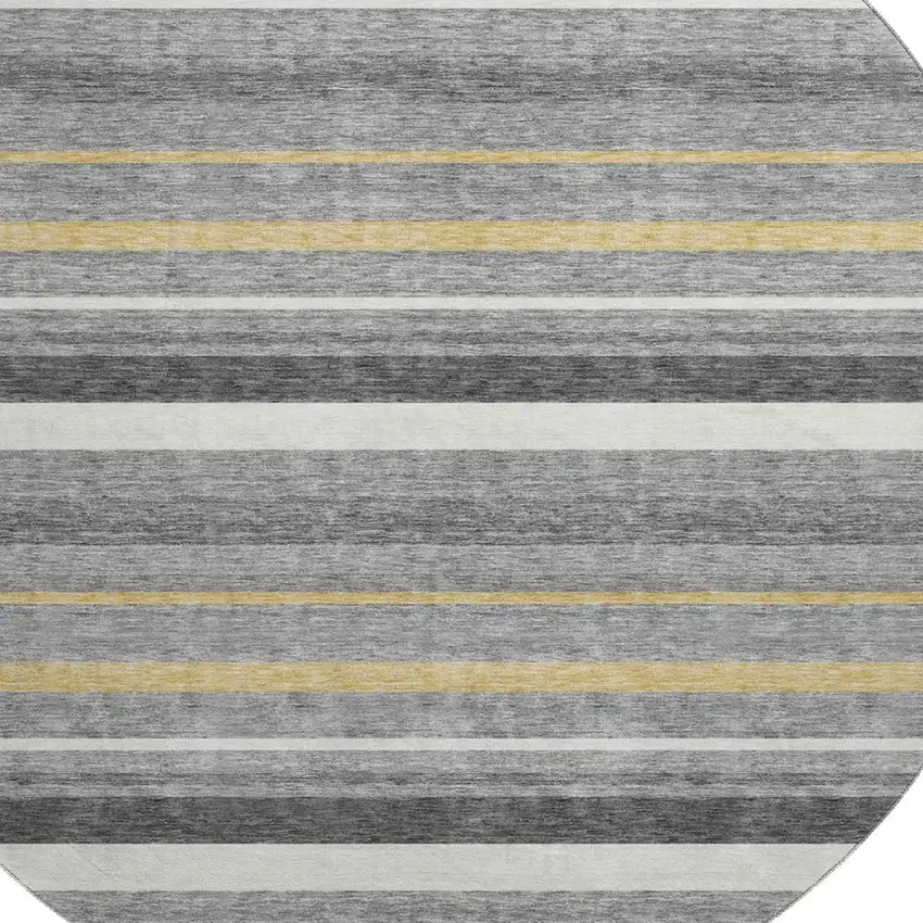 8' Gray Gold And Ivory Striped Washable Round Rug With UV Protection Photo 3