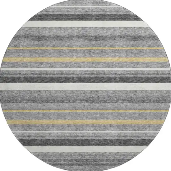 8' Gray Gold And Ivory Striped Washable Round Rug With UV Protection Photo 4