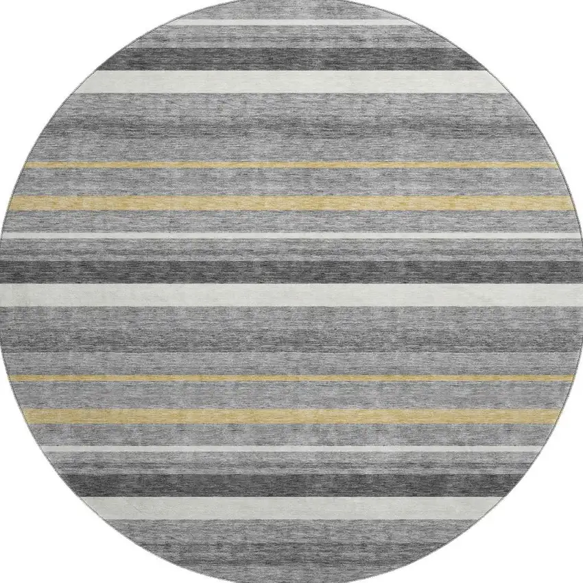 8' Gray Gold And Ivory Striped Washable Round Rug With UV Protection Photo 4