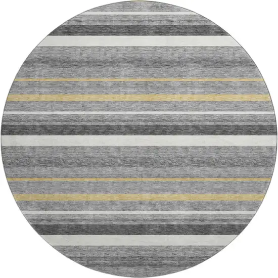 8' Gray Gold And Ivory Striped Washable Round Rug With UV Protection Photo 1