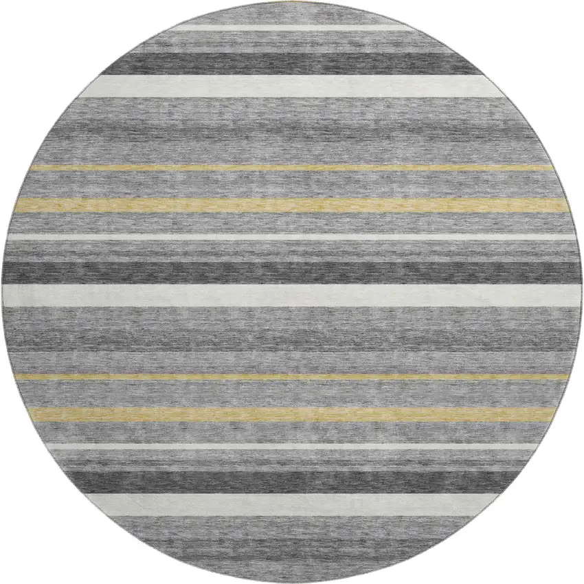 8' Gray Gold And Ivory Striped Washable Round Rug With UV Protection Photo 1