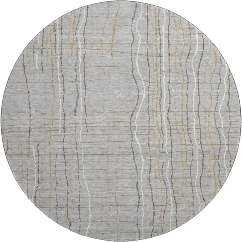 8' Gray Gold And Ivory Striped Washable Round Rug With UV Protection Photo 1