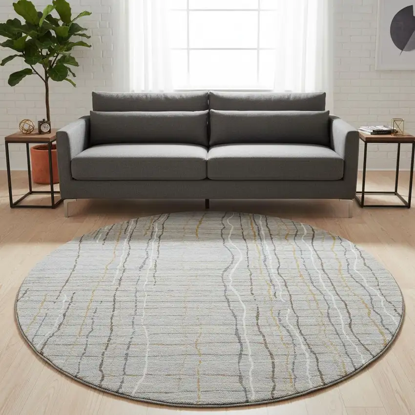 8' Gray Gold And Ivory Striped Washable Round Rug With UV Protection Photo 2