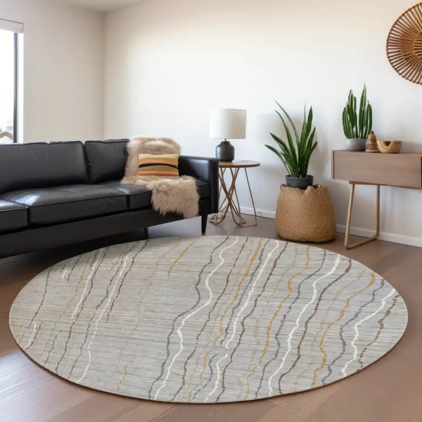 8' Gray Gold And Ivory Striped Washable Round Rug With UV Protection Photo 4