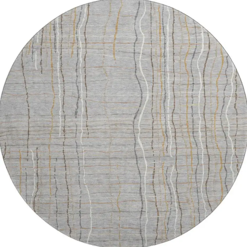 8' Gray Gold And Ivory Striped Washable Round Rug With UV Protection Photo 3