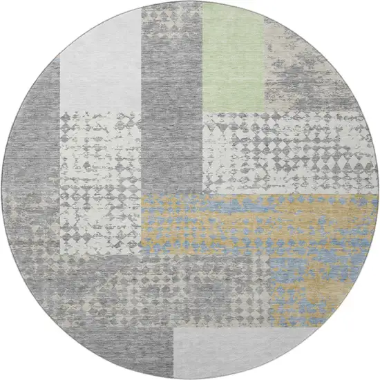 8' Gray Gold And Mint Green Geometric Washable Round Rug With UV Protection Photo 3