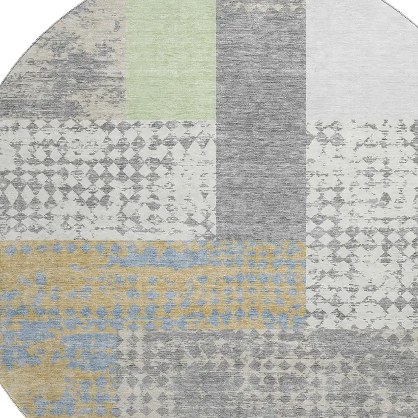 8' Gray Gold And Mint Green Geometric Washable Round Rug With UV Protection Photo 2