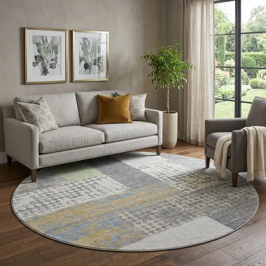 8' Gray Gold And Mint Green Geometric Washable Round Rug With UV Protection Photo 1