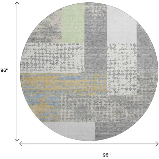 8' Gray Gold And Mint Green Geometric Washable Round Rug With UV Protection Photo 9