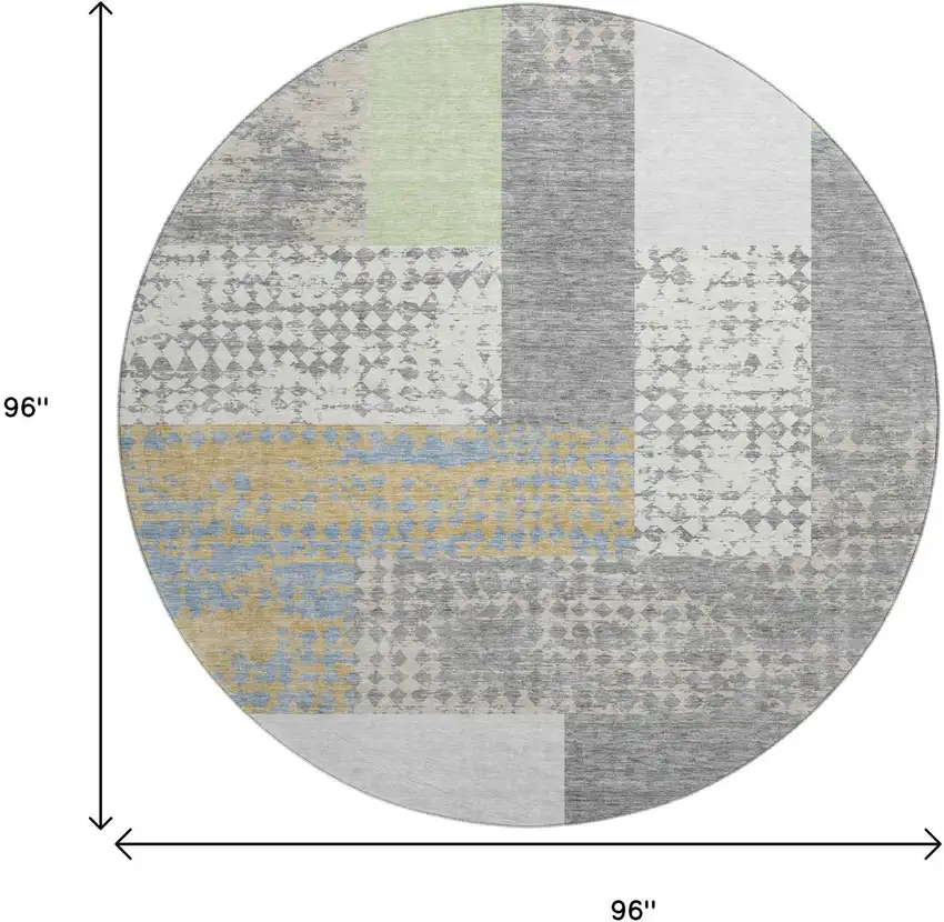 8' Gray Gold And Mint Green Geometric Washable Round Rug With UV Protection Photo 9