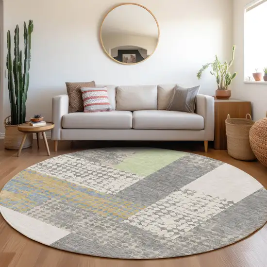 8' Gray Gold And Mint Green Geometric Washable Round Rug With UV Protection Photo 4