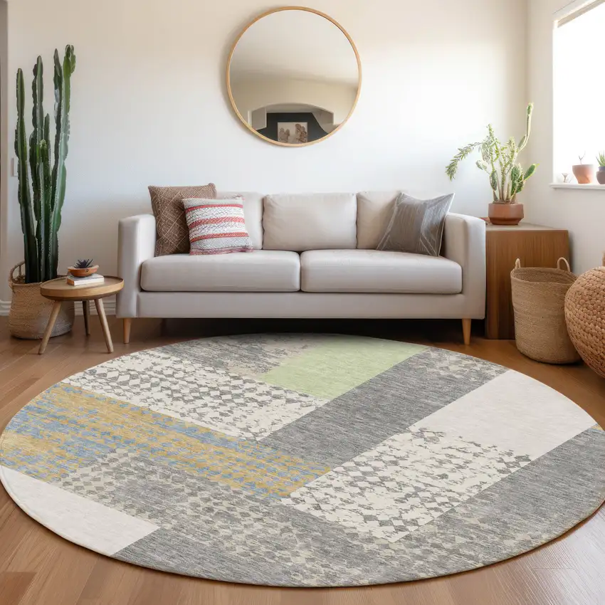 8' Gray Gold And Mint Green Geometric Washable Round Rug With UV Protection Photo 4