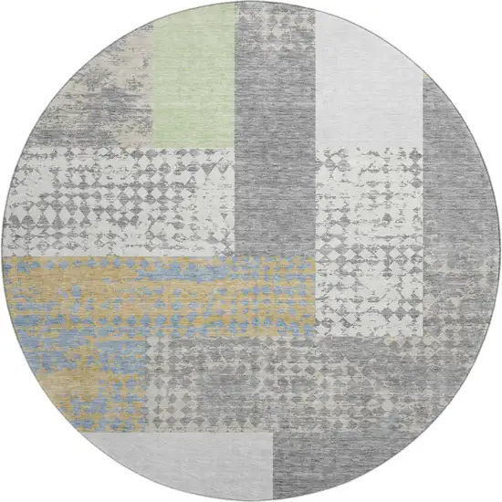 8' Gray Gold And Mint Green Geometric Washable Round Rug With UV Protection Photo 1