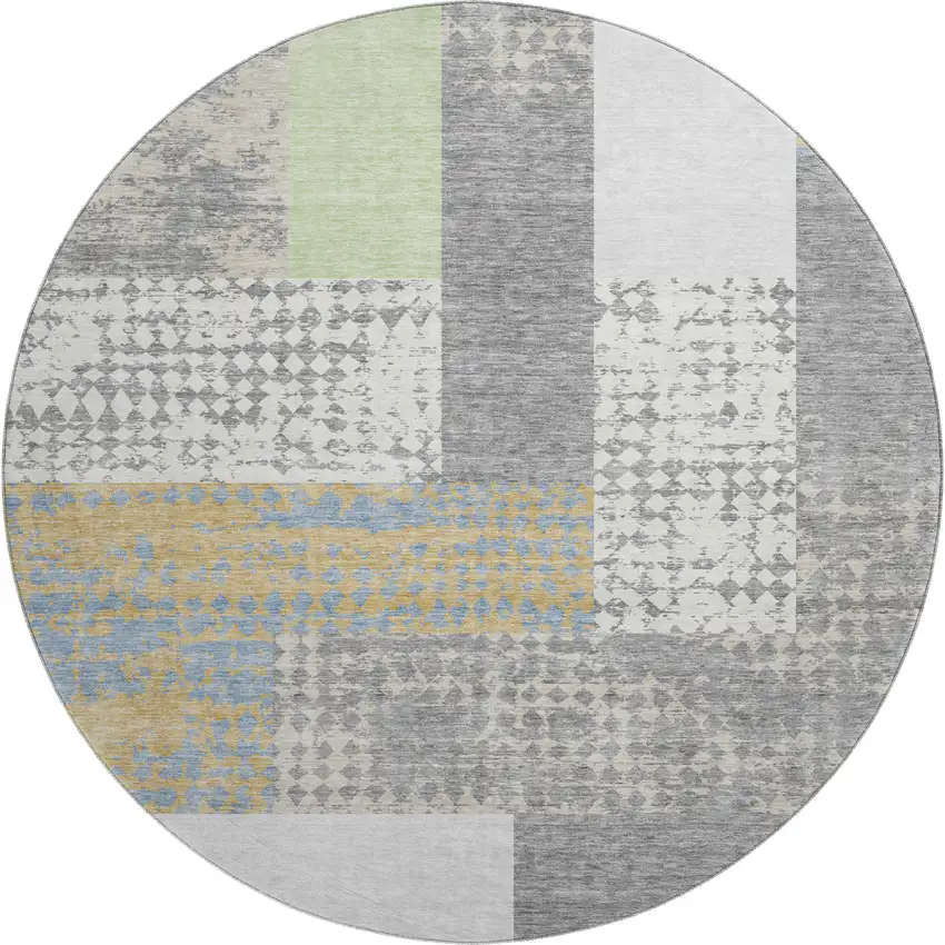8' Gray Gold And Mint Green Geometric Washable Round Rug With UV Protection Photo 1