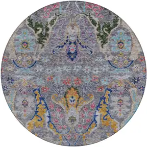 Photo of 8' Gray Gold And Navy Blue Round Floral Washable Indoor Outdoor Area Rug