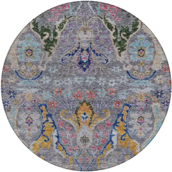 8' Gray Gold And Navy Blue Round Floral Washable Indoor Outdoor Area Rug Photo 1