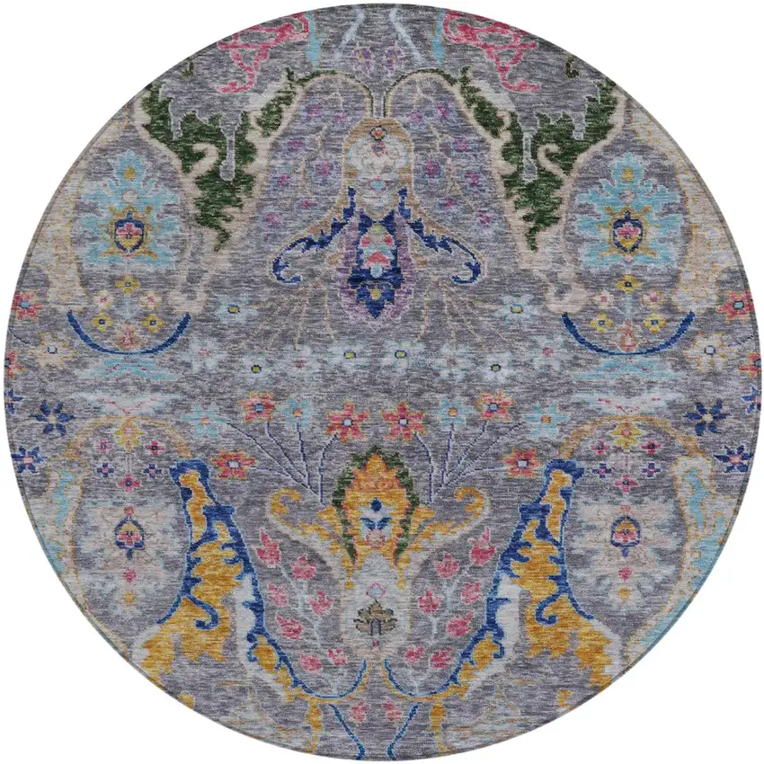 8' Gray Gold And Navy Blue Round Floral Washable Indoor Outdoor Area Rug Photo 1