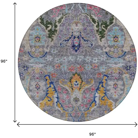 8' Gray Gold And Navy Blue Round Floral Washable Indoor Outdoor Area Rug Photo 9