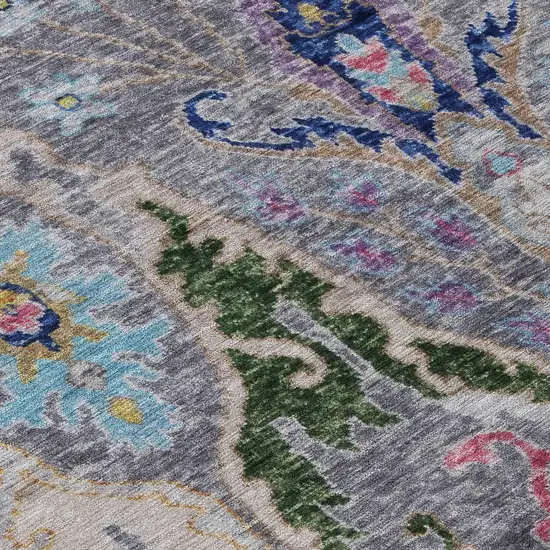 8' Gray Gold And Navy Blue Round Floral Washable Indoor Outdoor Area Rug Photo 9