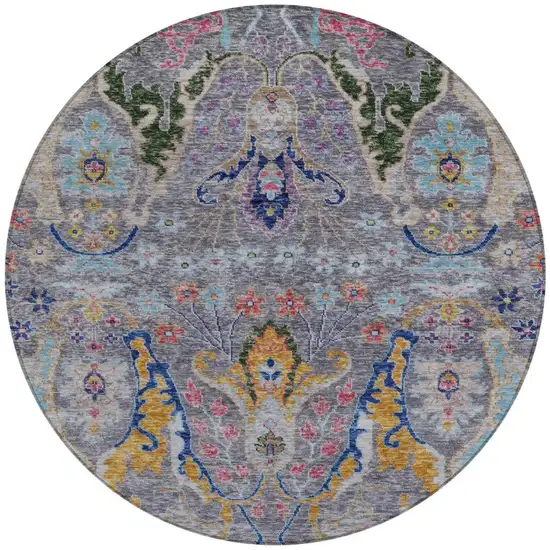 8' Gray Gold And Navy Blue Round Floral Washable Indoor Outdoor Area Rug Photo 3