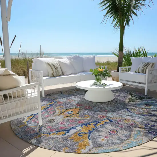 8' Gray Gold And Navy Blue Round Floral Washable Indoor Outdoor Area Rug Photo 5