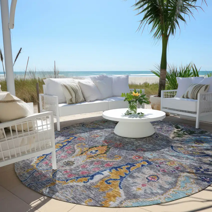 8' Gray Gold And Navy Blue Round Floral Washable Indoor Outdoor Area Rug Photo 5