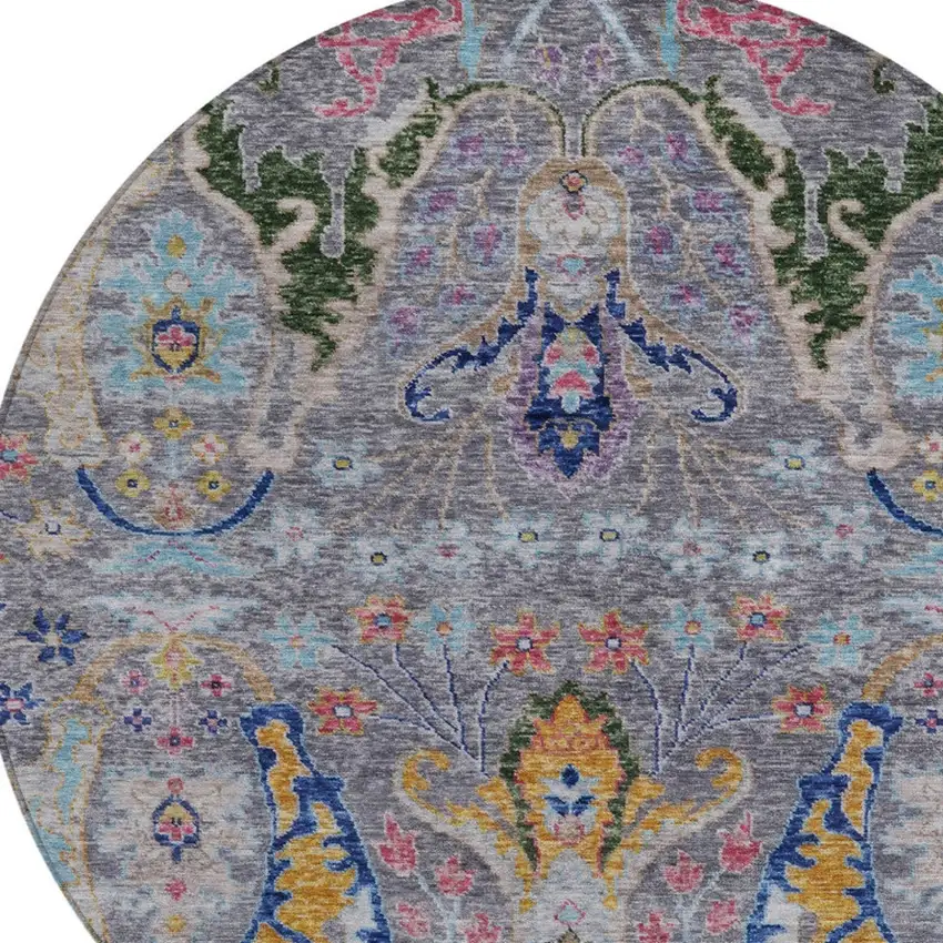 8' Gray Gold And Navy Blue Round Floral Washable Indoor Outdoor Area Rug Photo 8