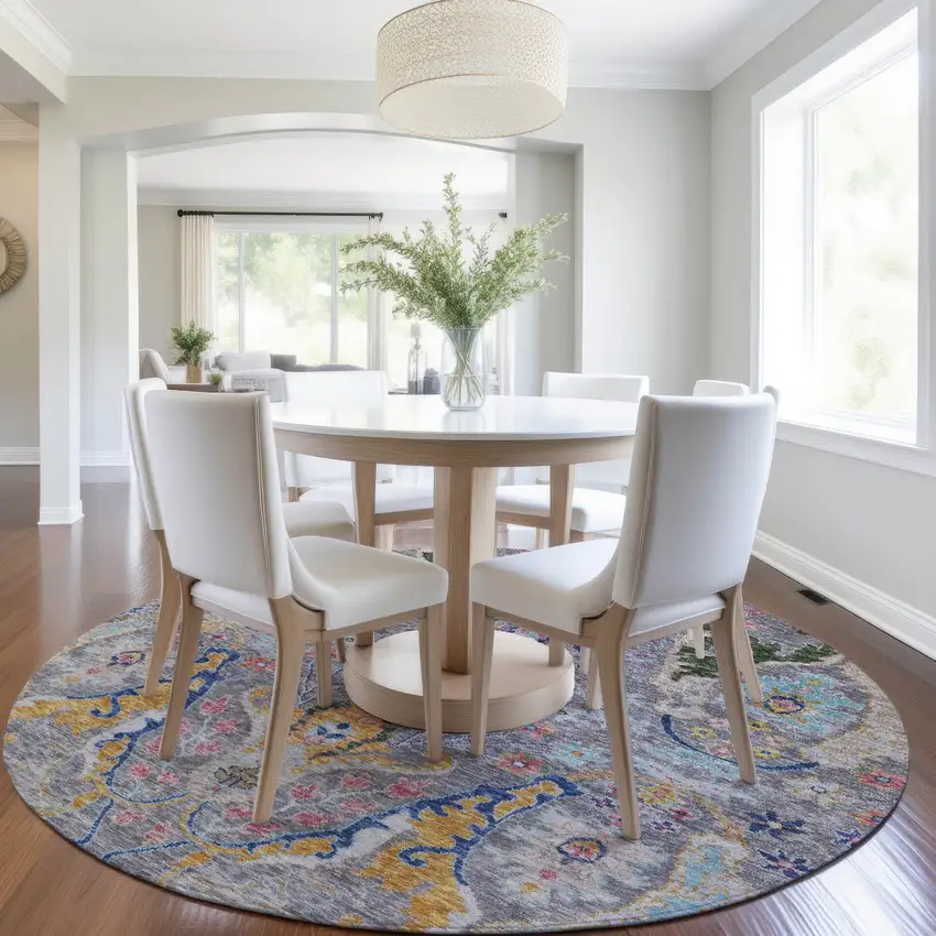 8' Gray Gold And Navy Blue Round Floral Washable Indoor Outdoor Area Rug Photo 6