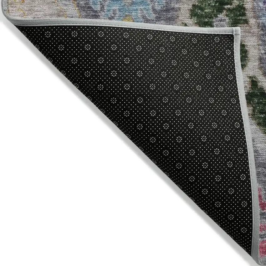 8' Gray Gold And Navy Blue Round Floral Washable Indoor Outdoor Area Rug Photo 8