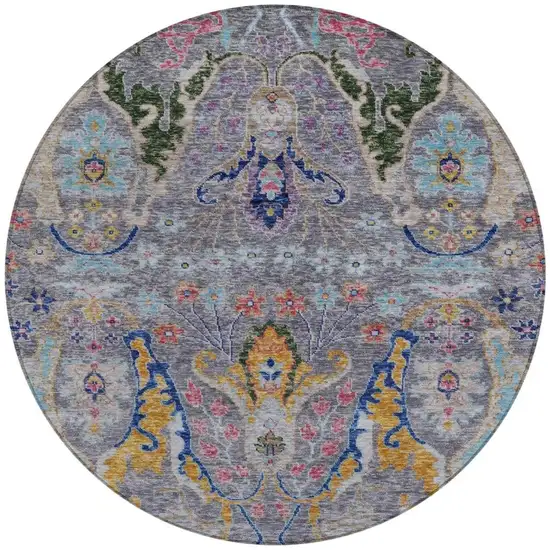 8' Gray Gold And Navy Blue Round Floral Washable Indoor Outdoor Area Rug Photo 4