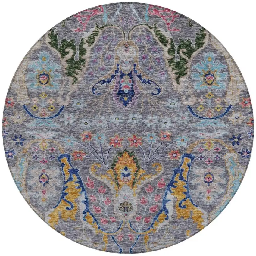 8' Gray Gold And Navy Blue Round Floral Washable Indoor Outdoor Area Rug Photo 4