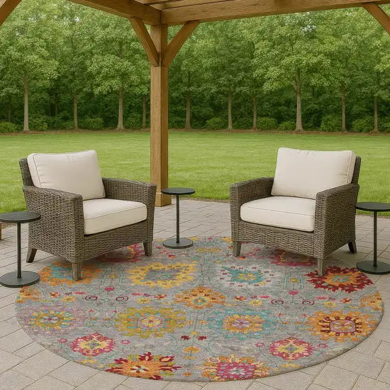 8' Gray Gold And Pink Round Damask Washable Indoor Outdoor Area Rug Photo 9