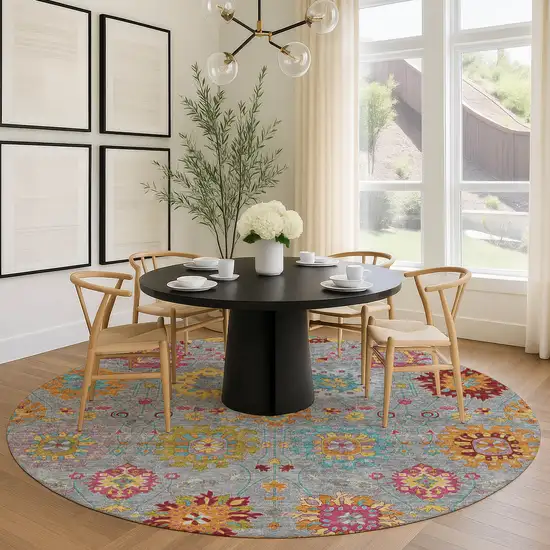 8' Gray Gold And Pink Round Damask Washable Indoor Outdoor Area Rug Photo 9